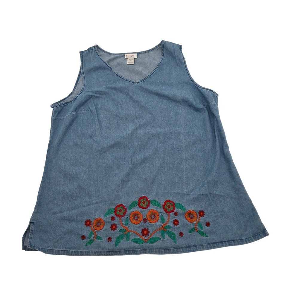 Country Store Denim Tank Top Womens 1X Blue Excellent Floral Embroidered V-Neck